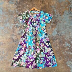 Vintage 90s Floral Print Midi Dress Size XL Crinkle Rayon Button Up Short Sleeve